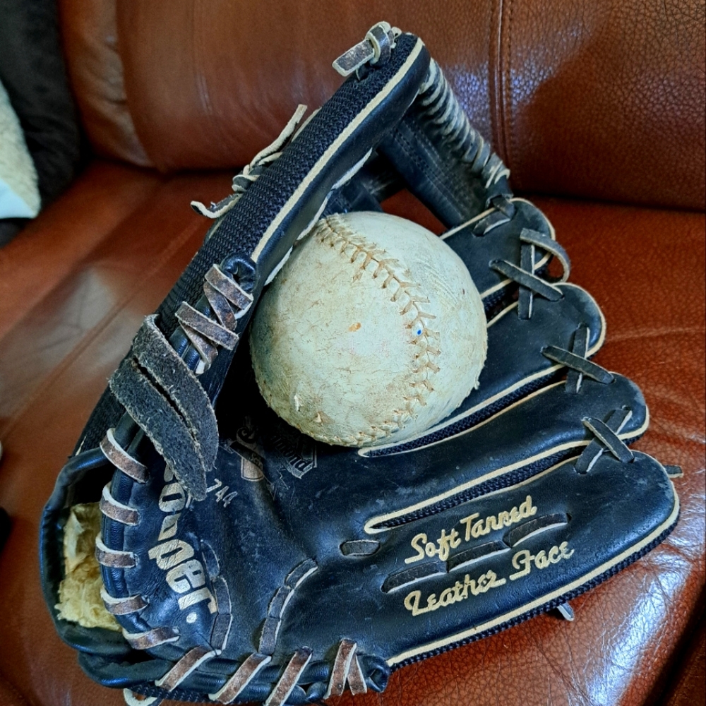 Black Leather Baseball Glove with Ball.  Vintage